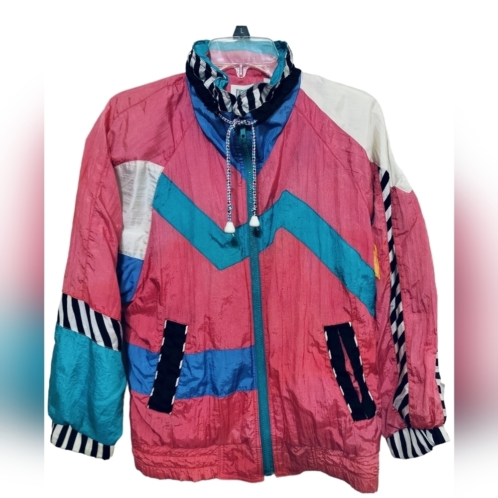 Vintage PS Sport Multicolor Striped Tie Pockets Windbreaker Jacket Size Small